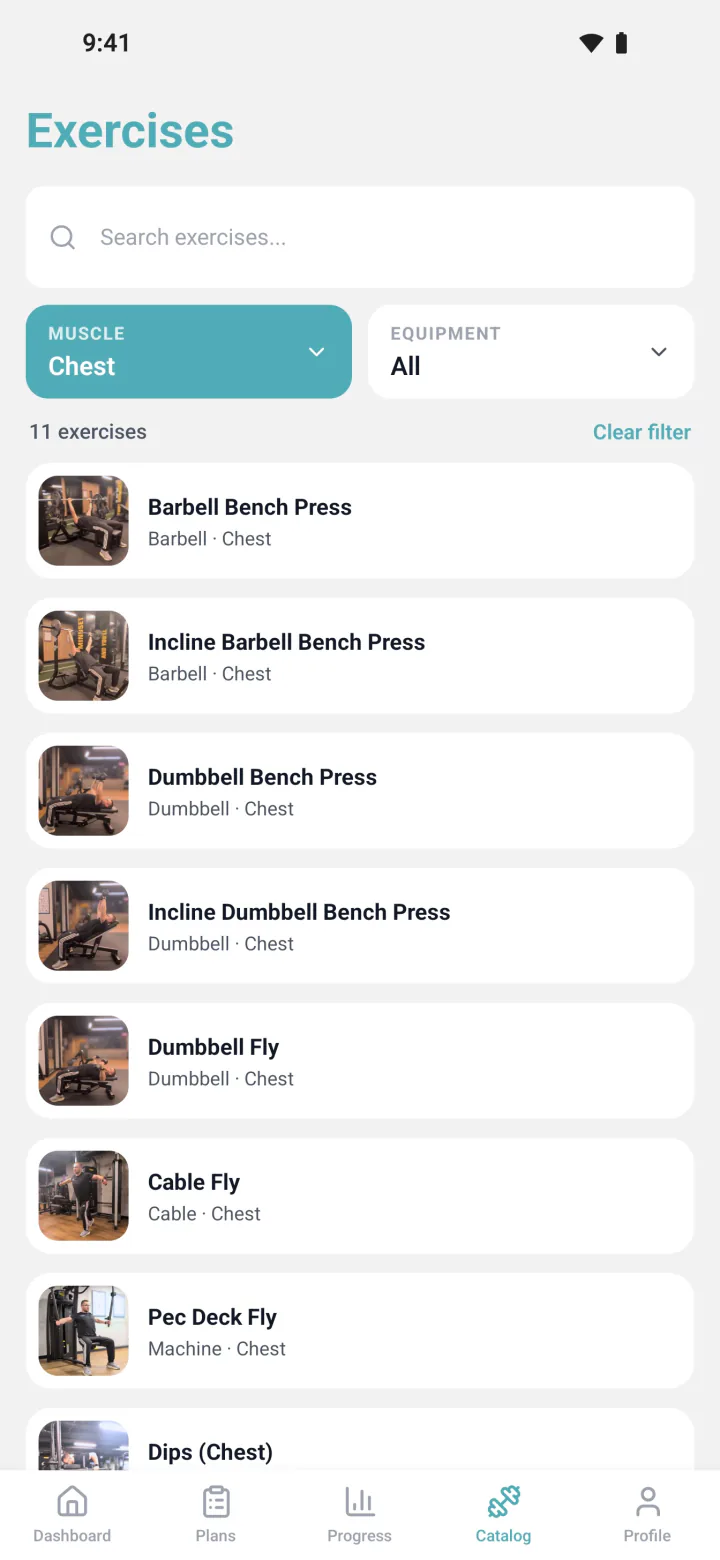 Exercise catalog filtered to chest exercises, with search and an equipment filter