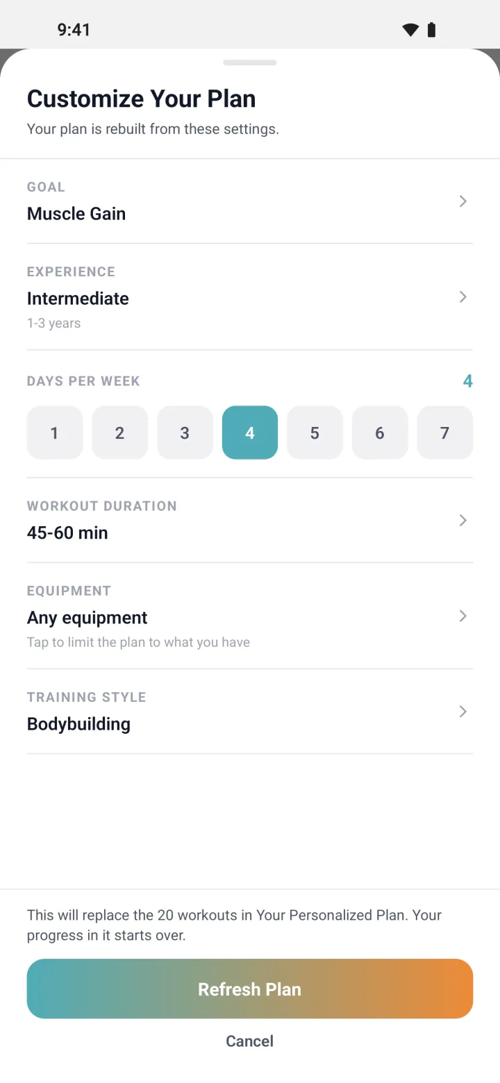 Customize Your Plan sheet with goal, experience, days per week, workout duration, equipment and training style