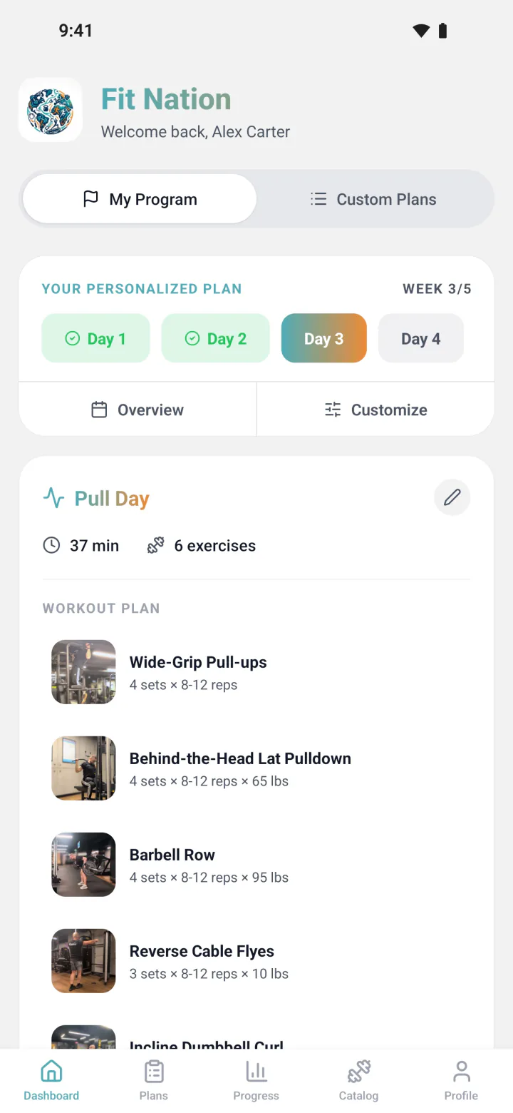 Fit Nation dashboard showing week 3 of a personalized plan with Pull Day up next