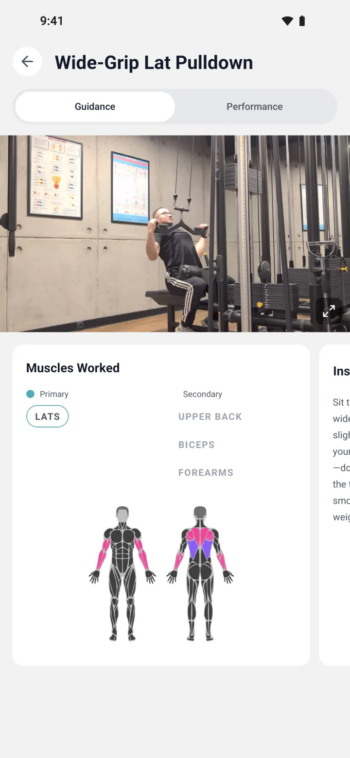 Exercise guidance for the wide-grip lat pulldown, with demo video and muscles worked diagram