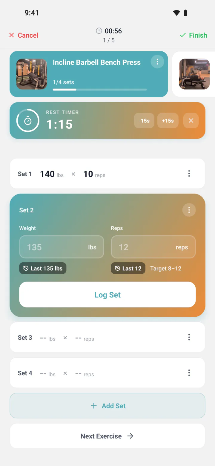 Active workout screen logging incline barbell bench press with a rest timer running between sets