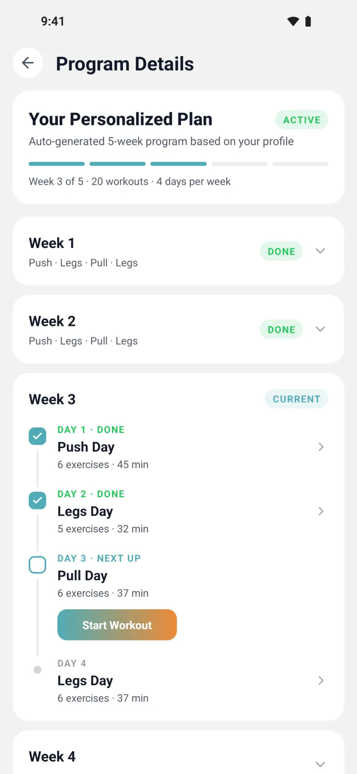 Program overview showing week 3 of a 5-week plan, with two days done and Pull Day up next