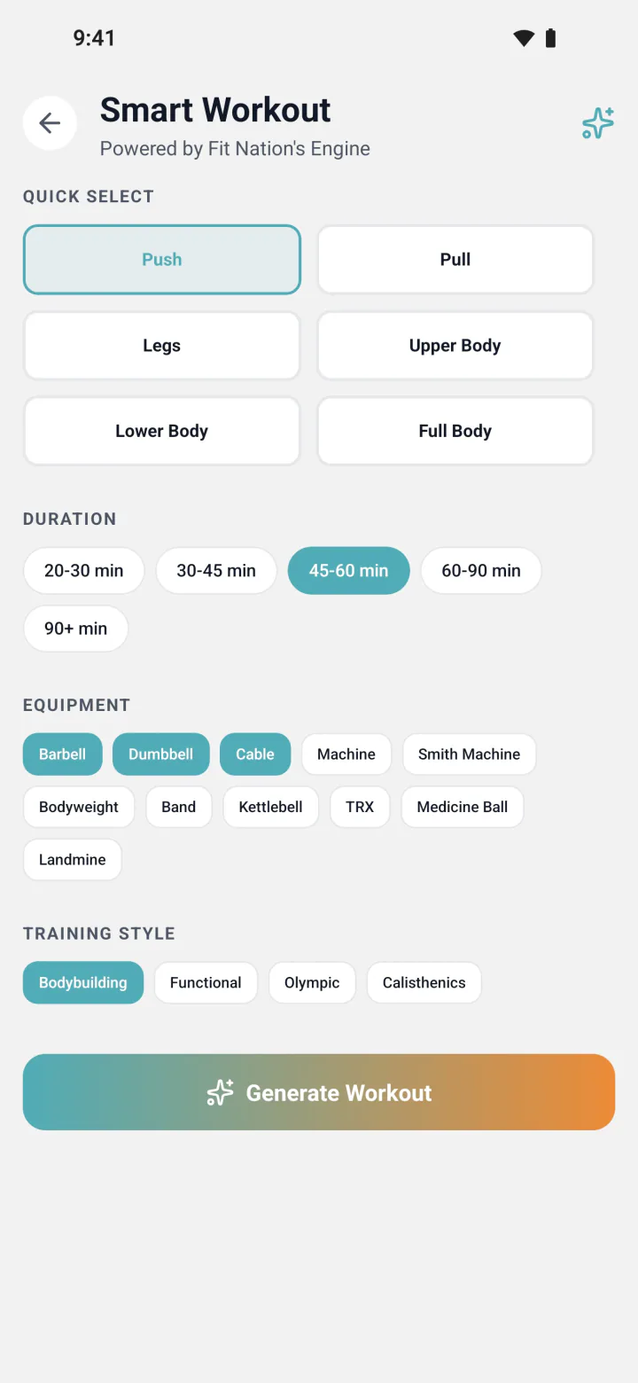 Smart Workout screen with workout type, duration, equipment and training style options