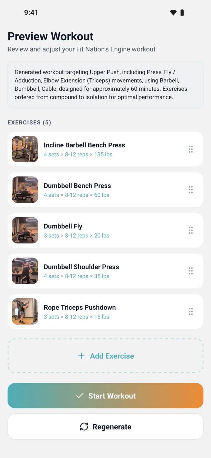 Workout preview listing five exercises with sets, reps and weights before starting